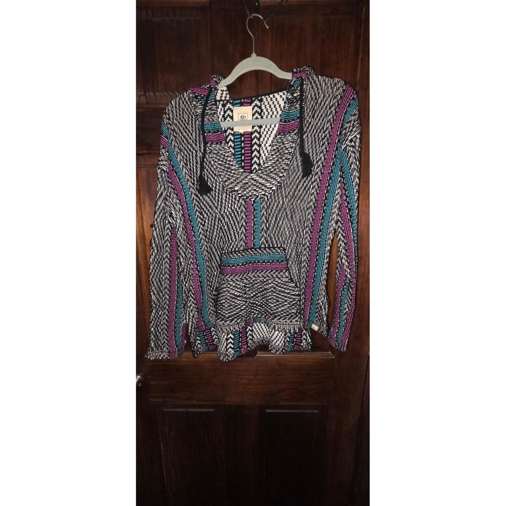 Rip Curl Baja Hoodie Pullover Knit Sweater Black White Teal Purple Small